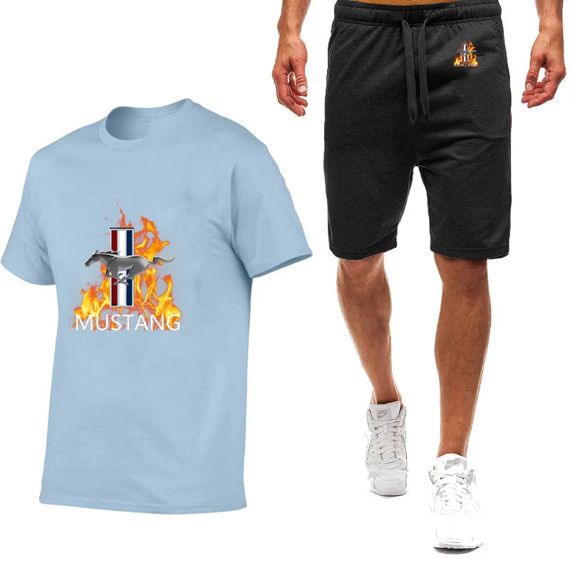 Mustang printing summer men's short sleeve Harajuku style high quality breathable T-shirt shorts suit sportswear.