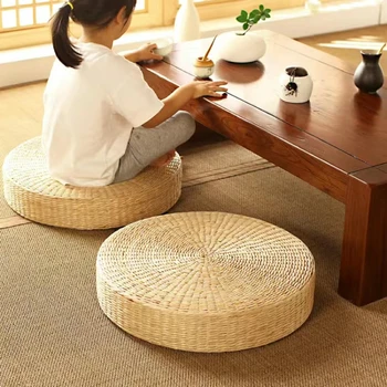 Pouf rond en paille naturelle tissée à la main, 40x40cm, Tatami, coussin de sol, Style japonais, Textile de maison, tendance 1