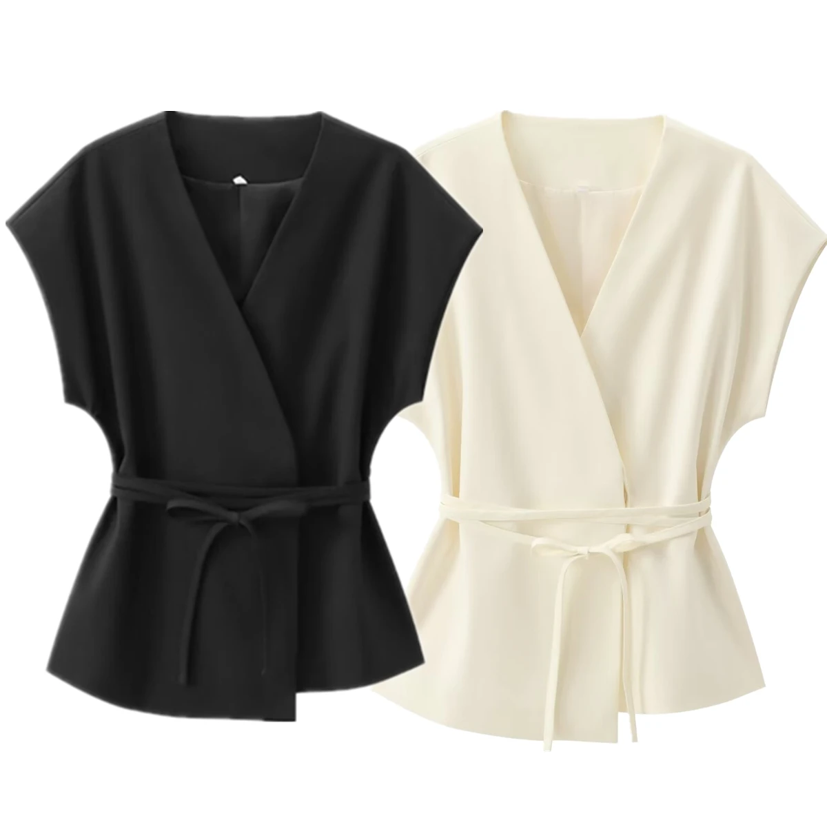 Maxdutti Sleeveless Suit Solid Color Jacket With Sashes French Minimalist Blazer Women