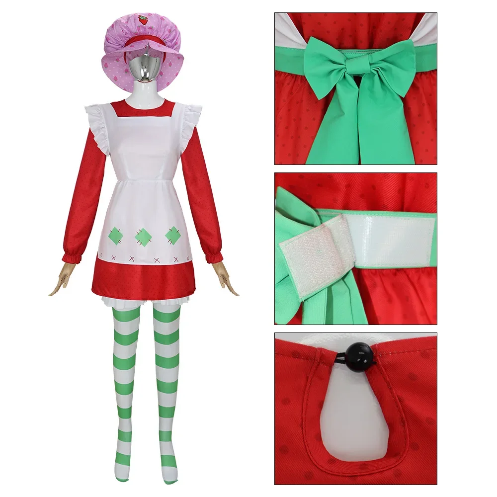 Costume da Cosplay di Strawberry Shortcake, Abito Anni '80, Outfit per Halloween, Vestito Rosa con Cappello da Pasticceria, Set Completo per Donne - immagine 3