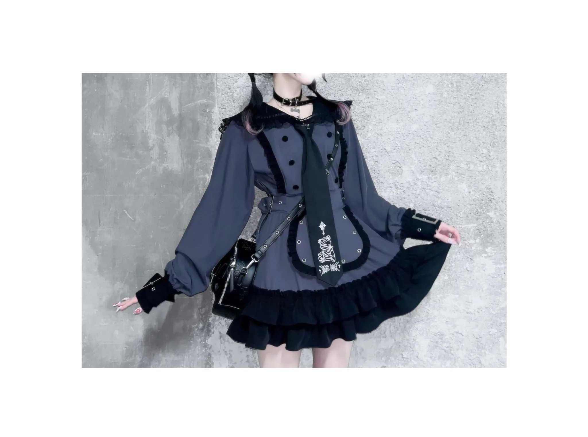 Women's Gothic Navy-Collar Maid Dress Set