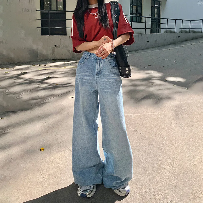 Denim Planet Wide Leg Jeans for Women in Spring 2024 New High Waisted Straight Leg Loose Fitting and Slimming Floor Mop Pants