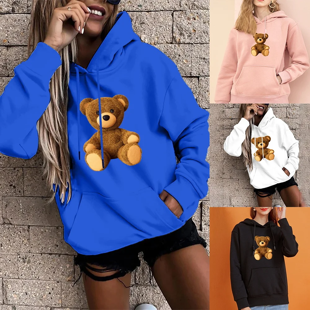Autumn Women Hoodies Long Sleeve O-Neck Cute Bear Print Fashion Female Street Casual Commuter Tops Clothing Pullover Sweatshirt