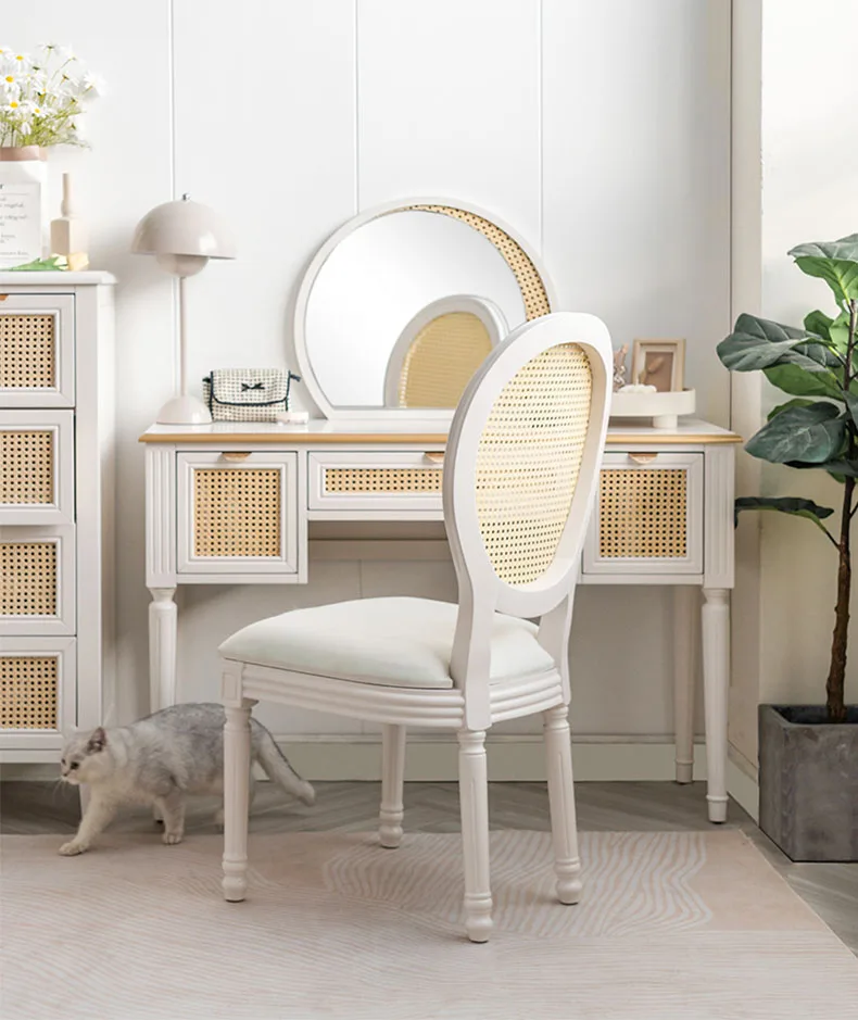 Ensemble de meubles de chambre à coucher MELMakeup, table en bois, spanWith Mirror, vanité en bois, rotin moderne, commode blanche