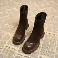 2025 Autumn/Winter British Style Women's Fashion Boots-Chunky Sole Slimming Ankle Boots with Leather & Flannel Panel Rear Zipper - Image 6