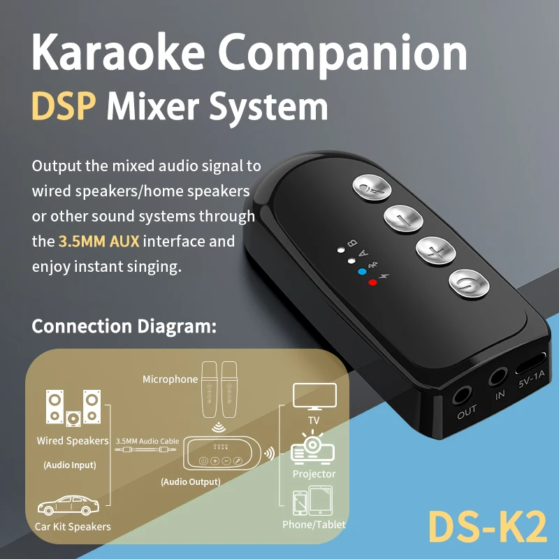 DS-K2 가라오케 동반자 블루투스 5.3 무선 다이나믹 마이크 유선 스피커 앰프 차량용 키트 용 RGB 다채로운 빛 HIFI 스테레오 DSP 믹서 시스템