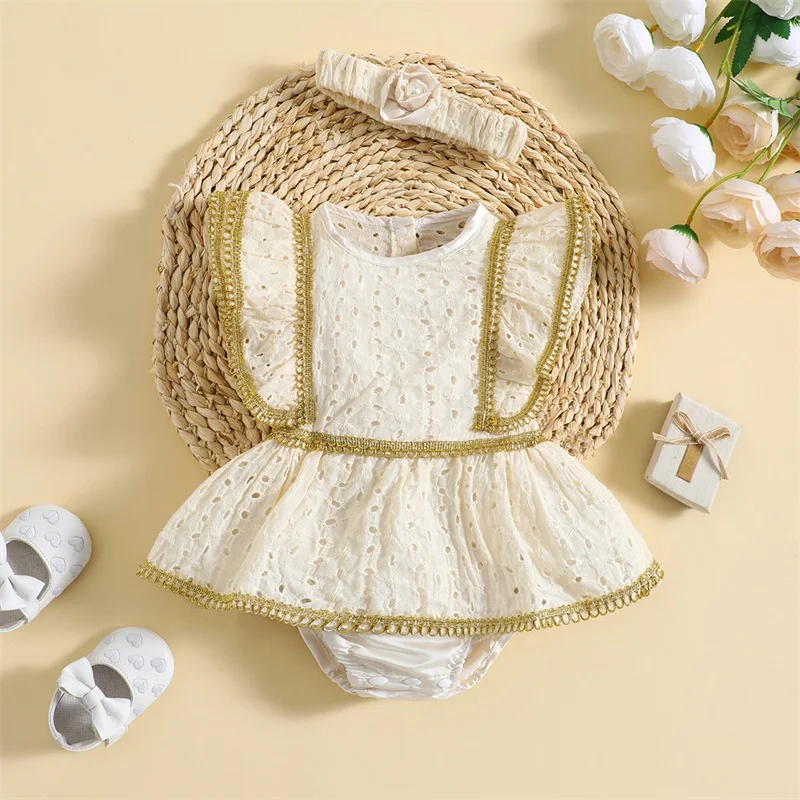 

Baby Girls Summer Romper Princess Dress Ruffles Flying Sleeve Floral Hollow Out Playsuit with Headband