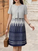 ZANZEA Women Bohemian Ethnic Print Knee-Length Dresses O-Neck Short Sleeve Fitted Waist Fake-Two-Pieces Design Woman Clothing