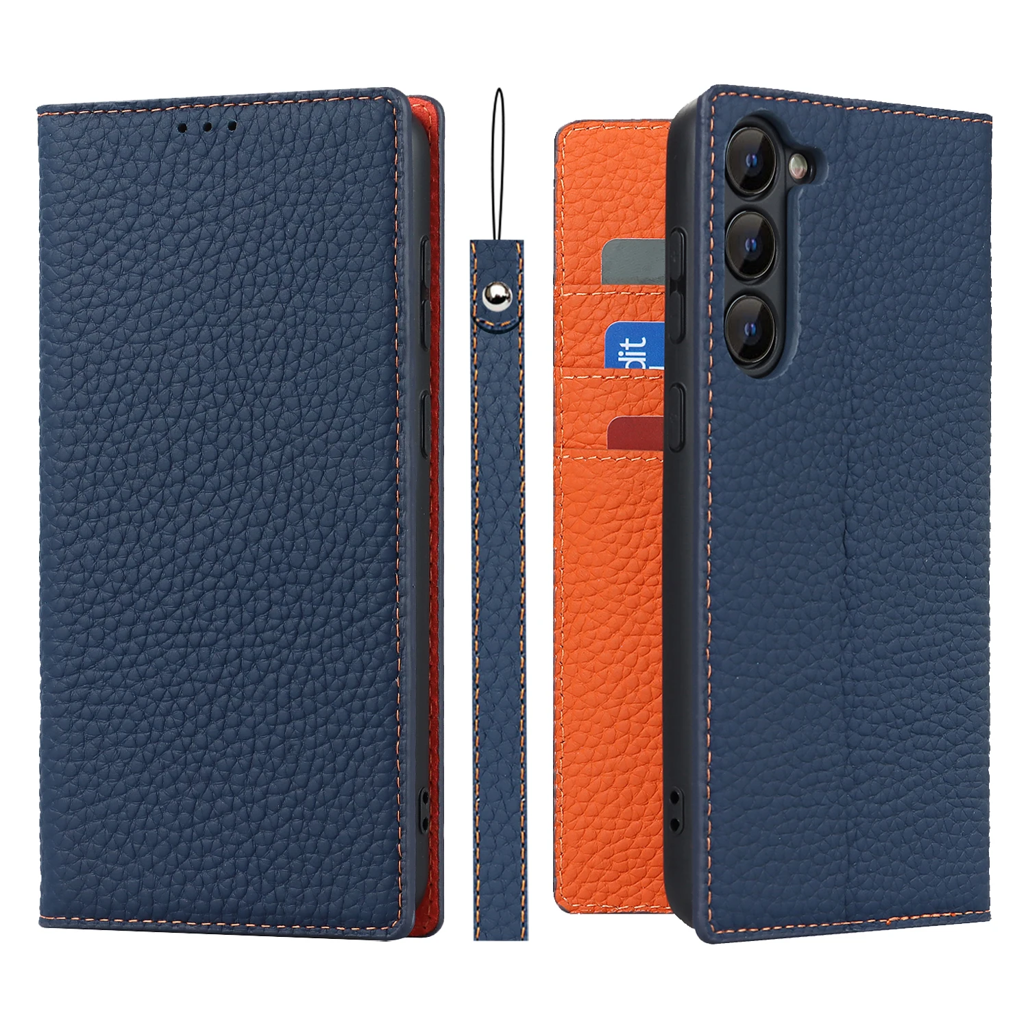 thumbnail image 1 of Funda de cuero genuino para Samsung Galaxy S23 Ultra S23 Plus, funda Litchi con tapa para libro, soporte para tarjeta y billetera, 1 of 5