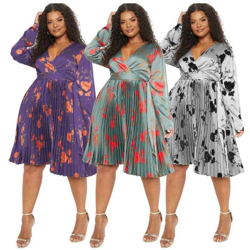 

Плиссированные африканские платья для женщин, осенние элегантные африканские платья с длинным рукавом и V-образным вырезом