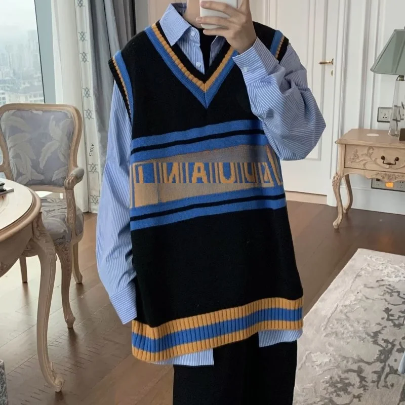 Spring Autumn Fashion V-neck Color Block Backless Sweater Loose Letter Knitted Shirt Cover Head Marque Men Teenagers