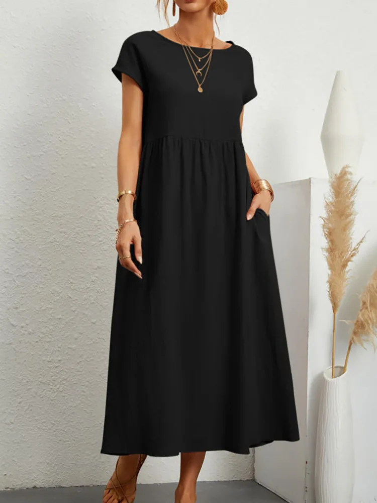Women Dress Women Elegant Solid Dresses Summer Casual O Neck Short Sleeve Cotton Sundress Vintage Loose Pockets Y2K Long Dress Vestidos Robe