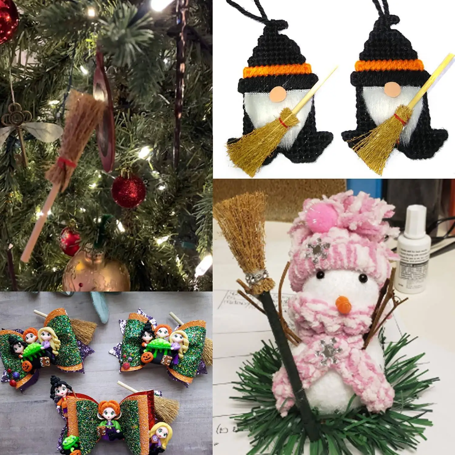 20Pcs Miniature Artificial Mini Straw Brooms with Red Ropes Halloween Straw Dollhouse Decoration Witches Party Decor Toy