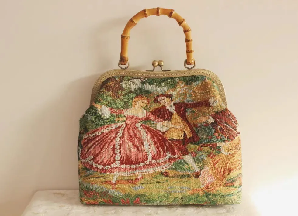 Lost in Vintage French Tapestry Figural Purse Metal Frame Aubusson