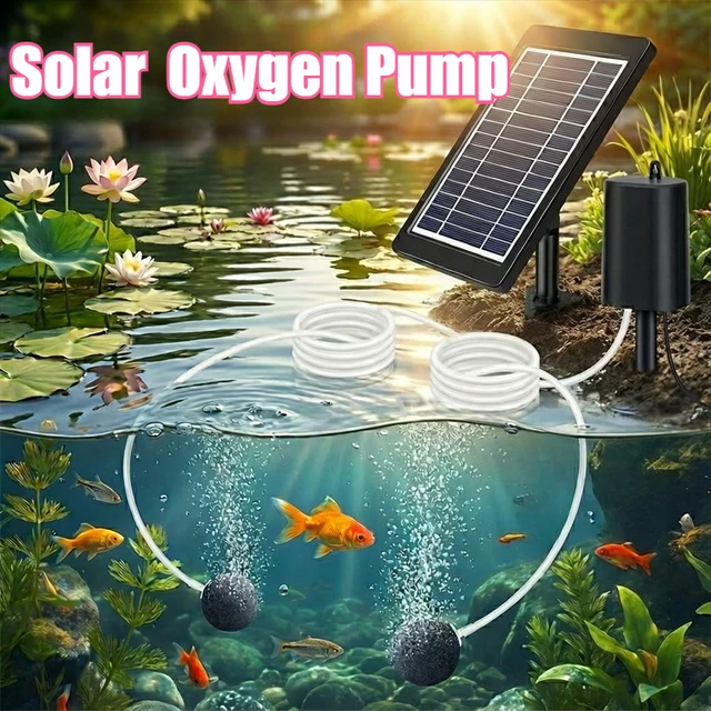 ปั๊มลมพลังงานแสงอาทิตย์/ปั๊มน้ำบ่อ, แผงโซลาร์เซลล์ 4 วัตต์ รุ่นอัพเกรด พร้อมแบตเตอรี่ในตัว 2200mAh, พร้อมหัวฟองอากาศคู่ สำหรับตู้ปลา บ่อ ฯลฯ 1