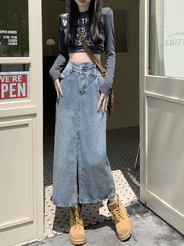 

Women Skirt Casual Split Fashion Straight Chic Vintage Work Solid Color Elegant High Waist Denim Skirts Spring Summer New