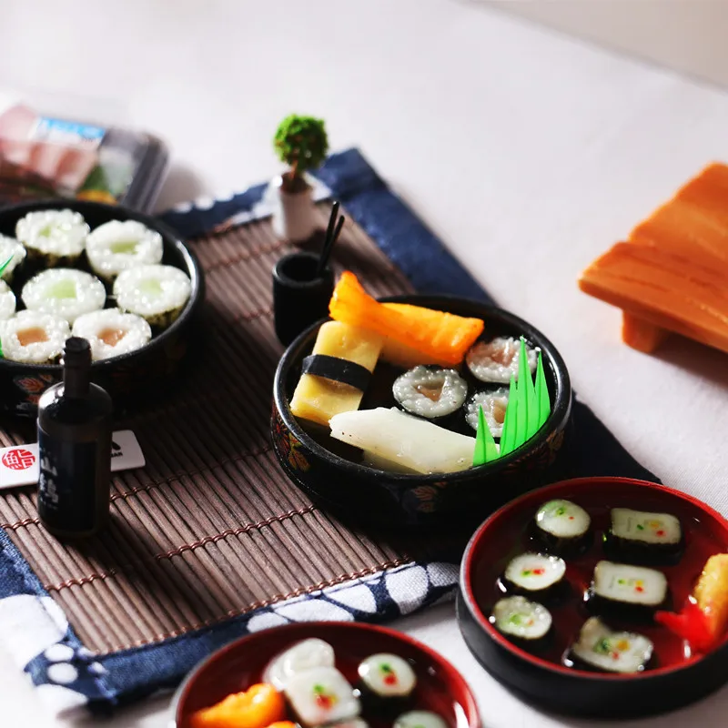Mini Japanese Sushi Lunch Dish Suits Dollhouse Miniature Items Sushi Set Chopsticks Wine BJD Doll House Kitchen Accessories Food 3