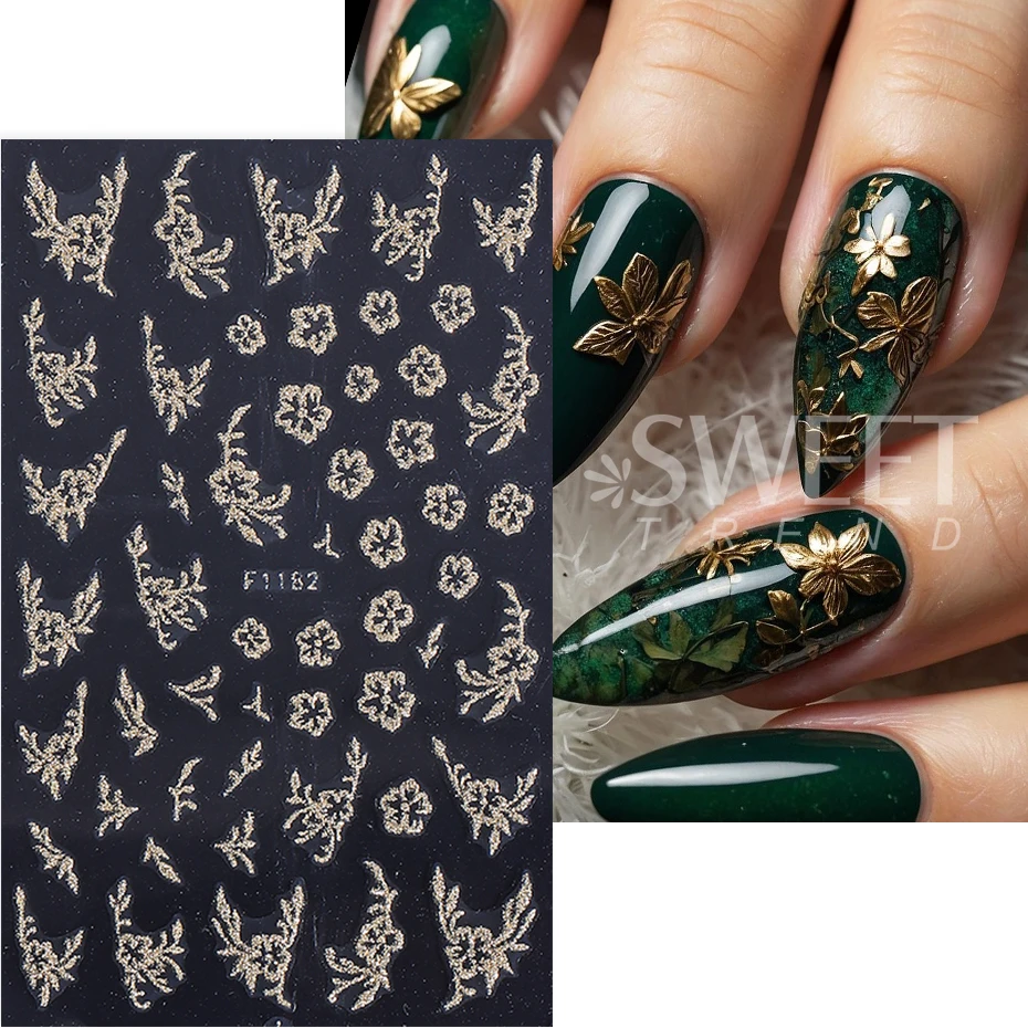 3pcs Glitter Gold Silver Leaf Nail Stickers Sparkling Simple Leaves Hibiscus Flower French Designs Nail Charms Decals Decoration