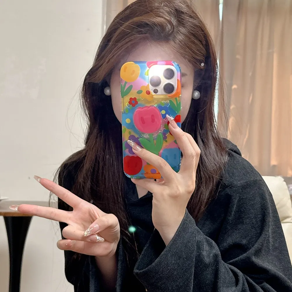 Korean Cute Laser Love Heart Flower Holder Stand Case - Shockproof Hard Cover