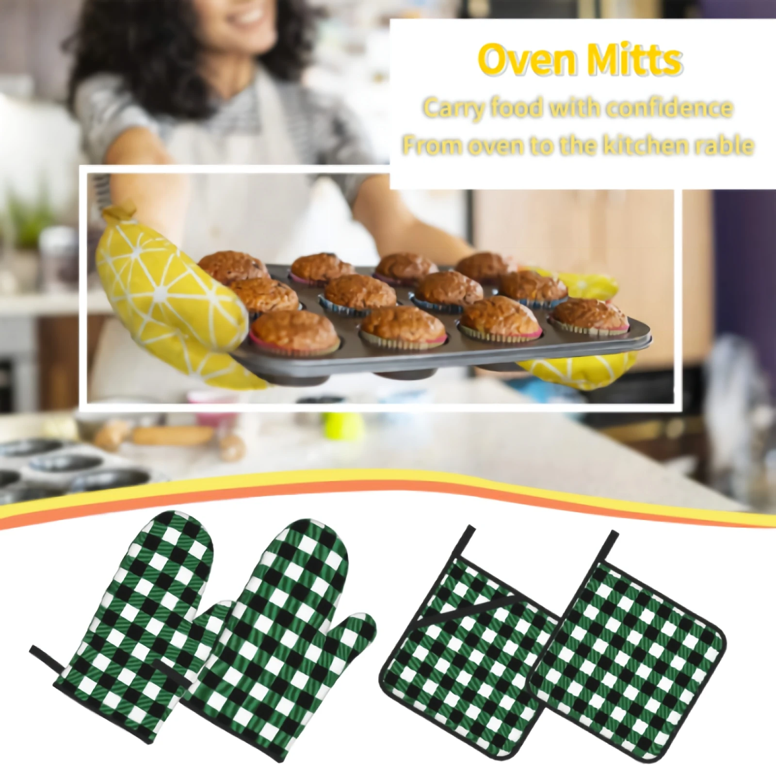 Oven Mitts and Pot Holders Set Green Plaid Kitchen Mittens with Potholders Surface for Baking Cooking BBQ