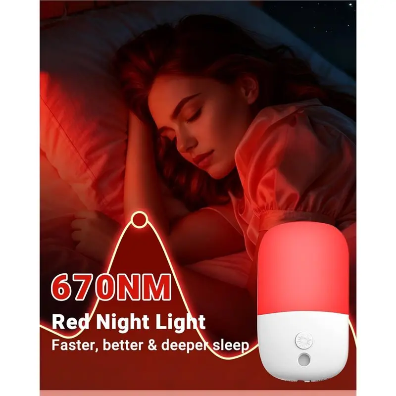 2팩 670Nm 레드 라이트 수면등, 황혼에서 새벽까지 작동하는 센서 포함, LED 야간 조명, EU 플러그 벽면 콘센트 연결