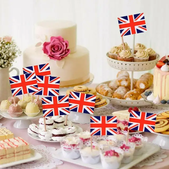 100 Pcs Egyesült Királyság Zászló Brit Fogpiszkáló Zászlók Party Cupcake Toppers Union Jack Válogatás Queens 70 Éves Koktélpálcák - Image 4