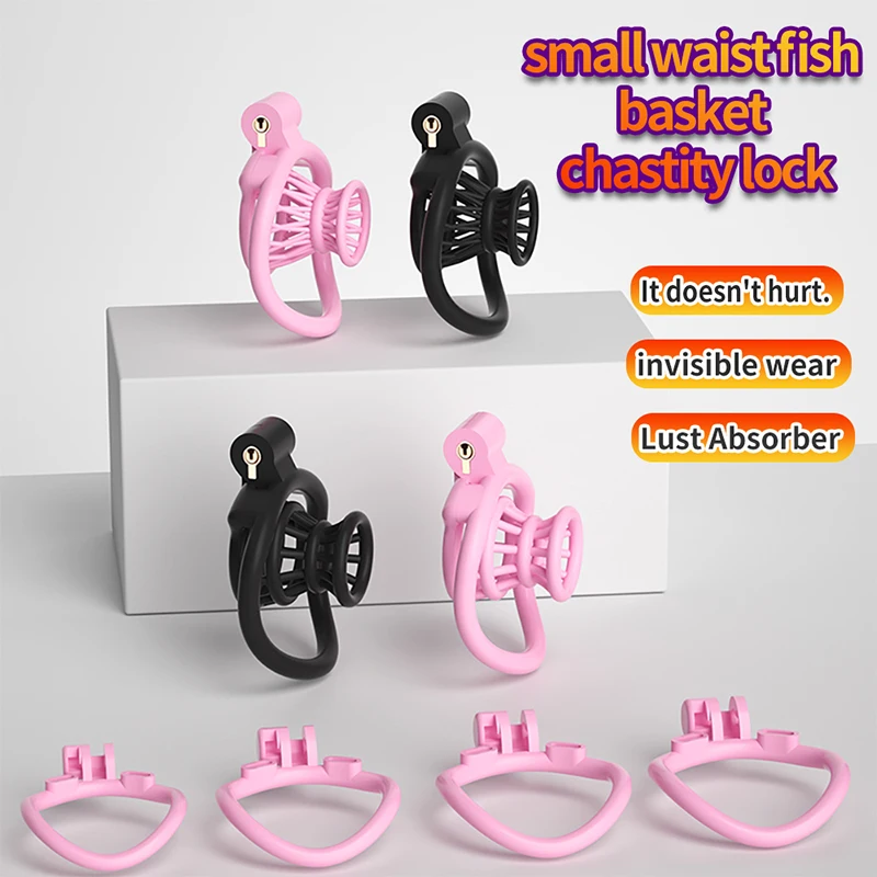 Creel Male Penis Lock Chastity Cage with Lock and 4 Ring Resin Virginity for Men Breathable Cock Ring Penis Fetish Restrain Toys
