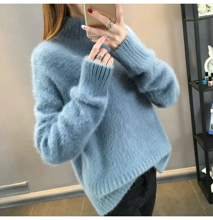 Winter Mink Faux Cashmere Thick Sweater Women Jumper White Pull Femme Loose Pullover Knitted Fluffy Sweaters For Women Winter