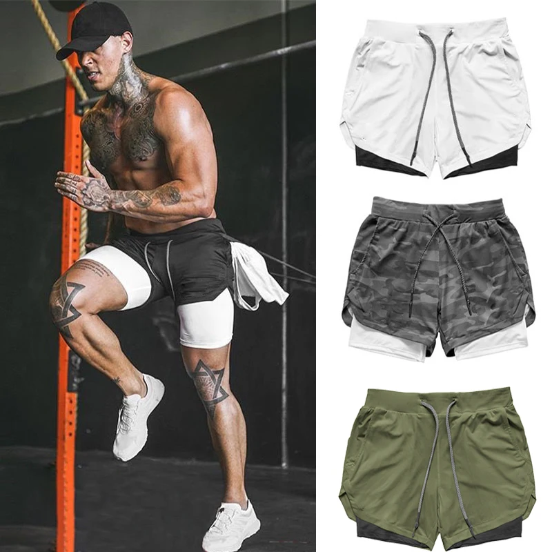 Summer Sportswear Bottoms Joggers Shorts Mens 2 In 1 Short Pants Gym Fitness Bodybuilding Workout Quick Dry Beach Shorts Male