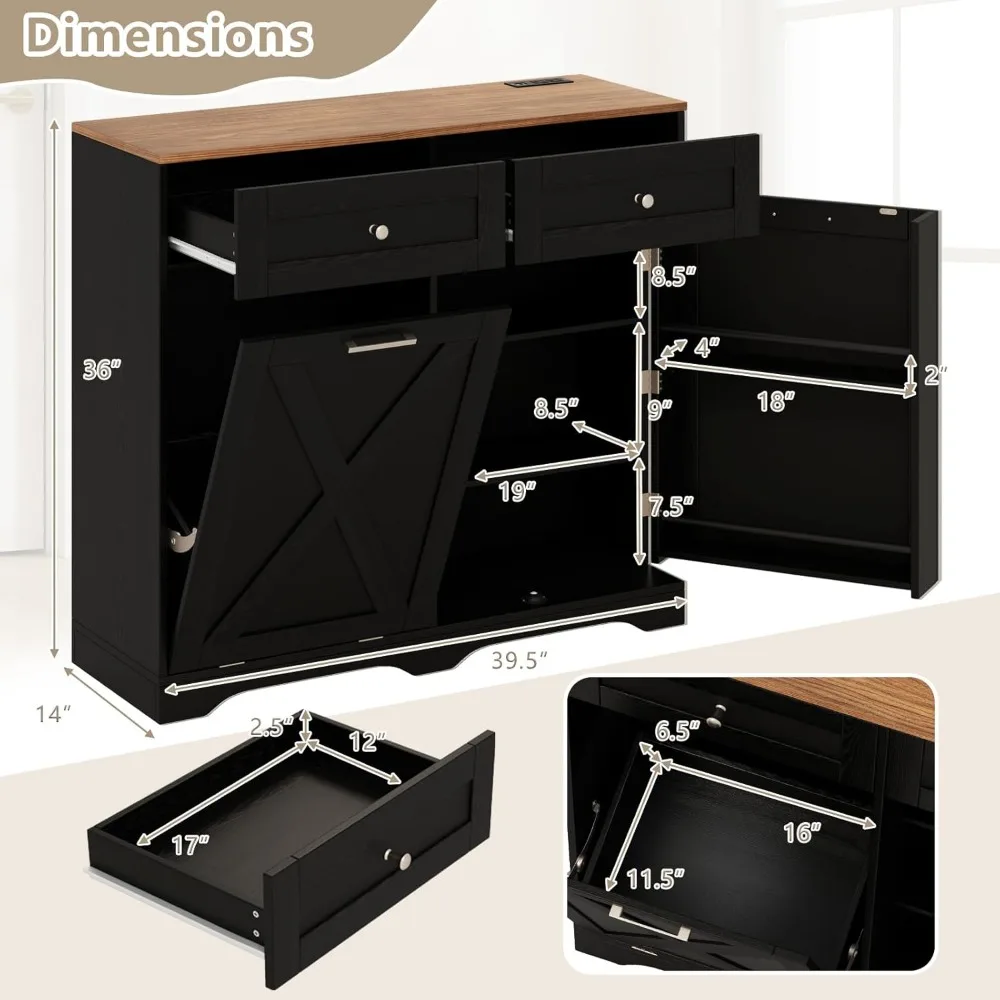 Tilt Out Trash Can Cabinet 9.25 Gallon, Kitchen Island with Power Outlet, 2 Drawers, Adjustable Shelves, Hidden Storage Garbage 3