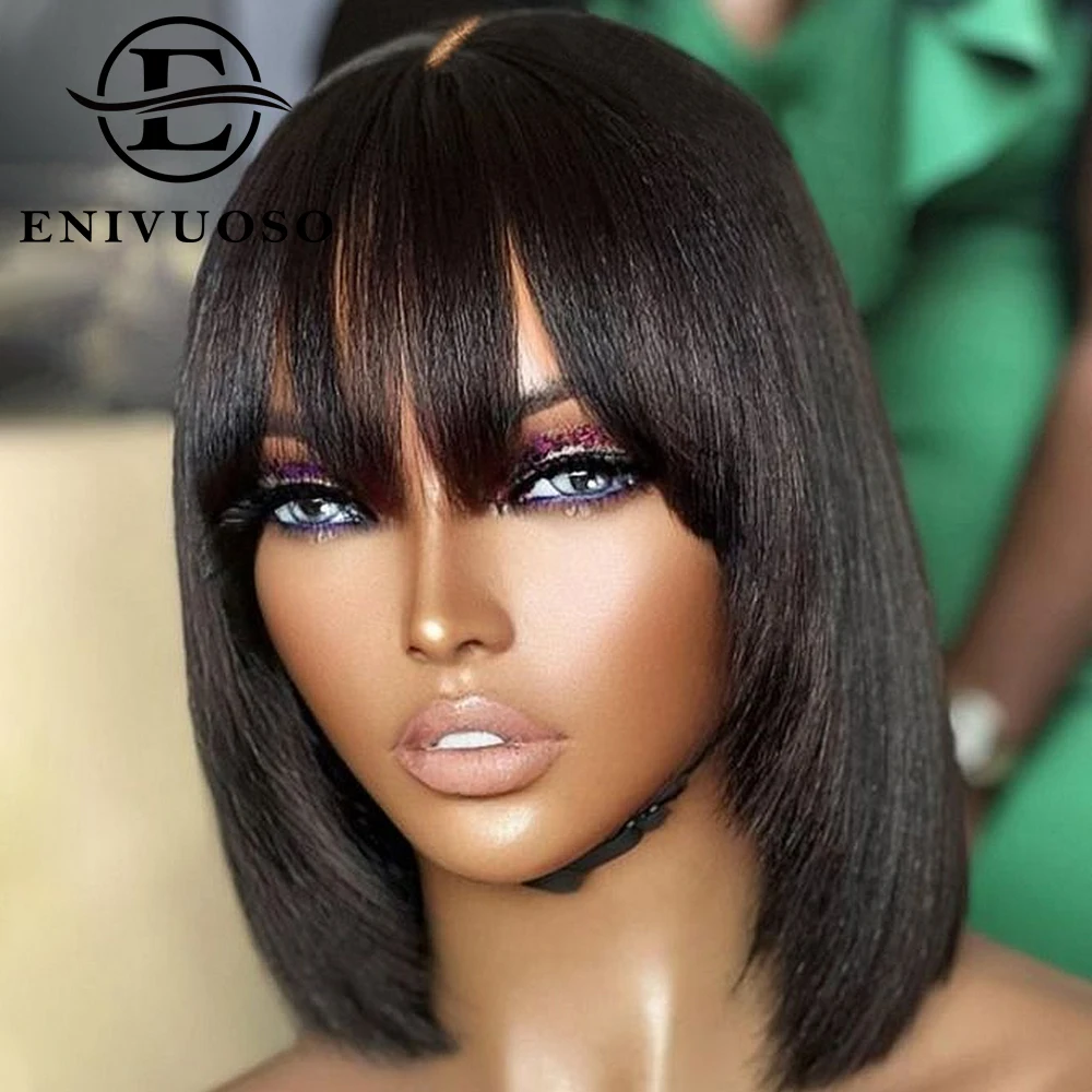 

Straight Bob Wigs With Bangs 180% Density Glueless 3X1 HD Lace Wigs With Bang Remy Human Hair Machine Made Wig for Women 10 inch