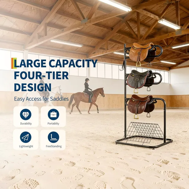 Heavy Duty 3 Tier Freestanding Saddle Rack Stand, 76cm x 76cm x 173cm Rotatable & Removable Arms, Horse Tack Organizer for English & Western Saddles, Blankets & Gear, Black Stable Storage