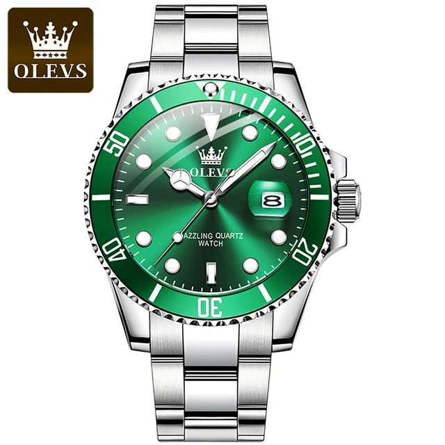 OLEVS Mens Quartz Watches Top Brand Luxury Business Waterproof Luminous Large Dial Men Wristwatches Sports Stainless Steel Watch Silver Green