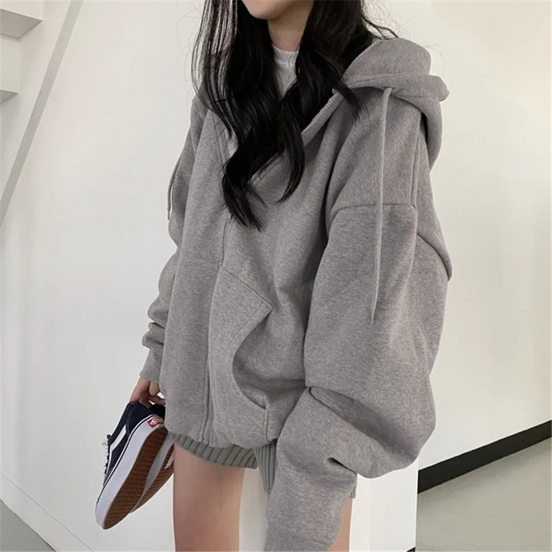 

Women Zip Up Sweatshirt Casual Oversized Hooded Korean Style Hoodies Harajuku Solid Loose Long Sleeve Lady Jacket Large Coats