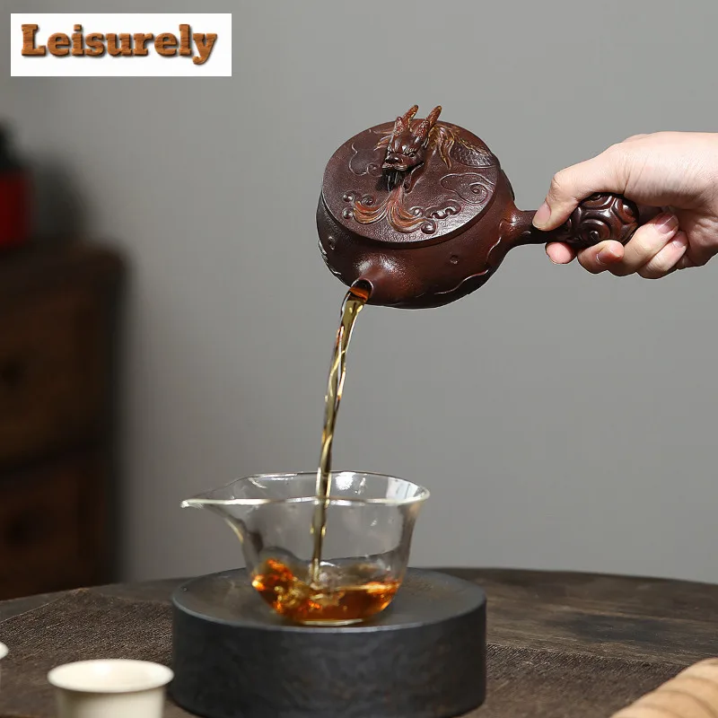 240ml Yixing Purple Clay Teapots Handmade Tang Feather Side Handle Dragon Pot Raw Ore Purple Mud Kettle With Strainer Zisha Tea