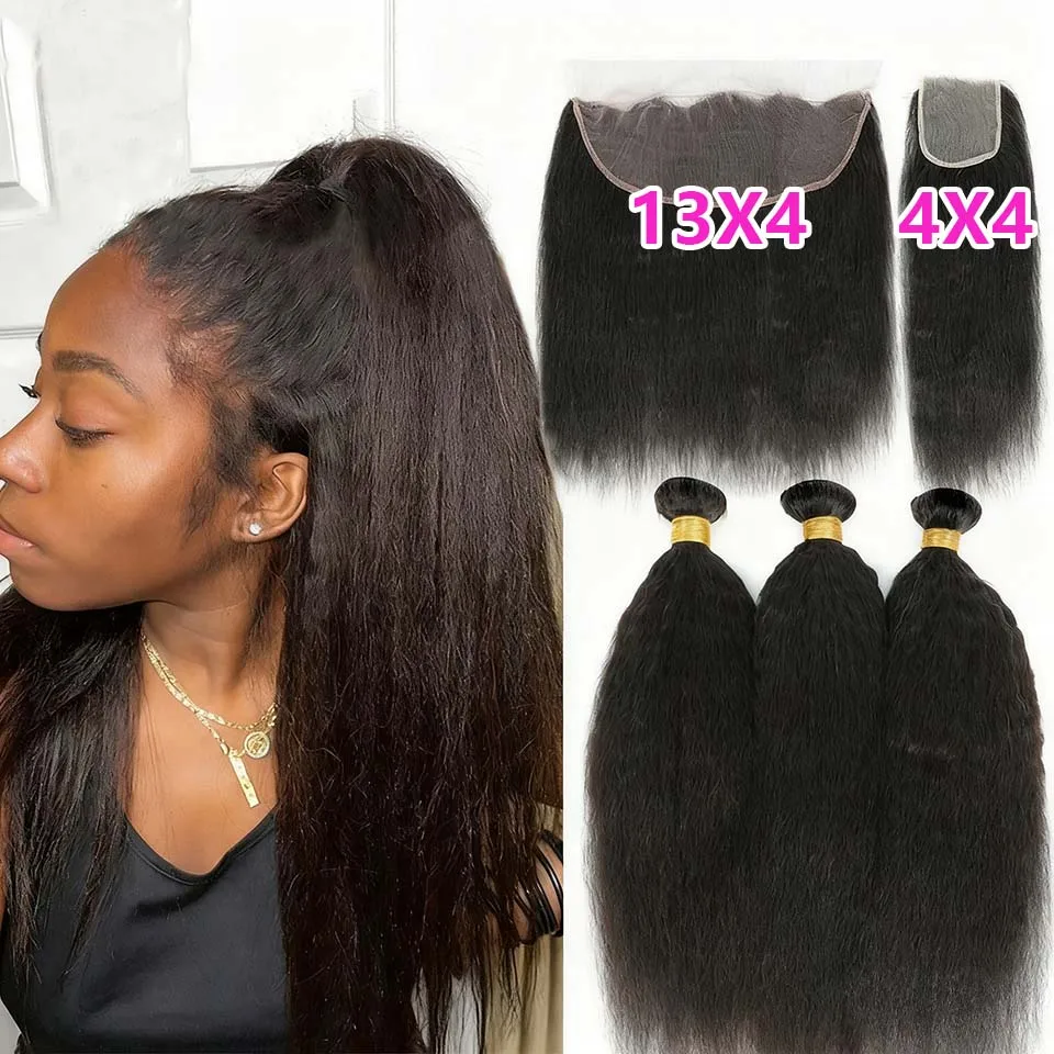 Kinky Straight Human Hair Bundle With Closure Frontal 13x4 4x4 5x5 Transparent Lace Closure Virgin Yaki Straigt Human Hair Weave