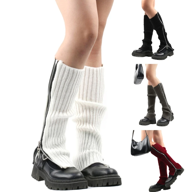 

E15E Women Punk Ribbed Knit Leg Warmers Harajuku Side Zipper Solid Color Boot Socks