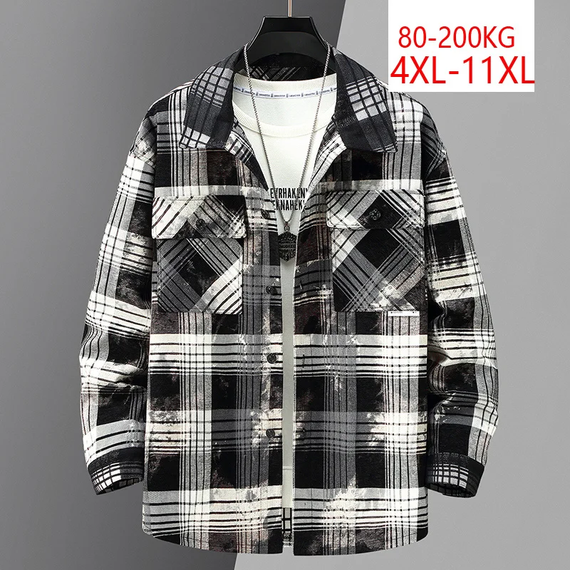 

Autumn Men Plus Size Loose Casual Long Sleeve Thicken Plaid Cargo Shirts for Men Oversize Fat Shirt Coat 7XL 10XL Jacket 5XL