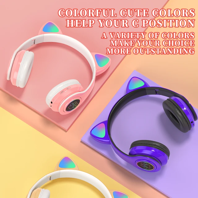 Casque Bluetooth sans fil avec micro pour enfants, casque d'oreille de chat  mignon, lumière flash