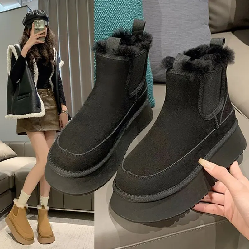 NEW Winter Women's Boots Plus Velvet Warm Casual Shoes One Step Suede Leather Trendy Women's Ankle Boots Chelsea Women's Boots