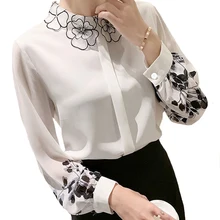 

2021 Spring Summer New Petal collar Women Chiffon shirt Long sleeve Floral printed top Fashion Office lady blouse