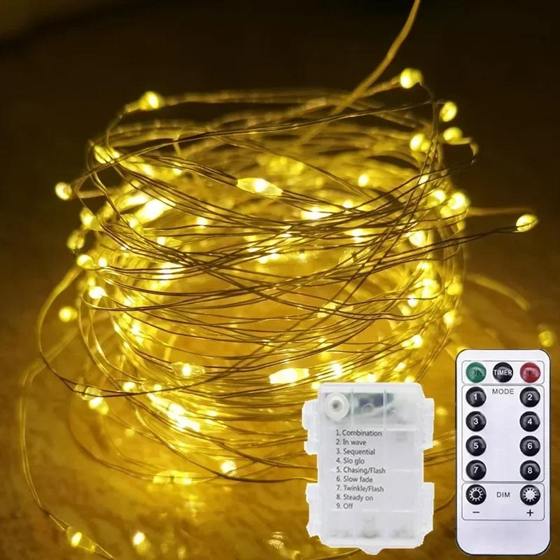 Controle remoto 8 modos festão led fada prata fio de cobre luz da corda caixa bateria guirlanda luz festa casamento decoração natal