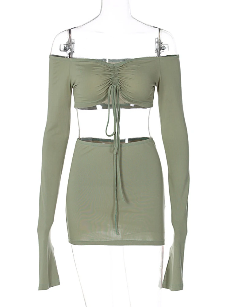 Hugcitar Women Matching 2 Piece Set Long Sleeve Drawstring Ruched Crop Top Mini Skirt Suit Co Ords Outfits Bodycon Sexy Party 6