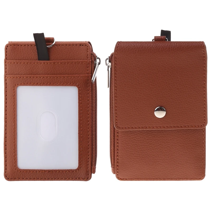 

E74B Leather Badge Holder with Zipper Pocket,1 Clear ID Window 5 Card Slots with Secure Cover,Leather ID Holder with Lanyard