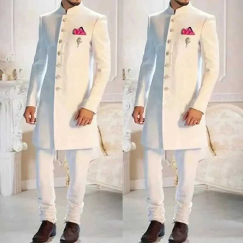 2023 Classic African White Long Blazer Groom Tuxedo Groomsman High Quality Men's Wedding Dress Prom Male Clothing Business Suits