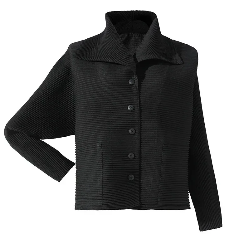 Miyake Pleated Short Coat for Women Autumn Winter New Casual Versatile Loose Large Lapel Single-Breasted Elastic Outerwear Top