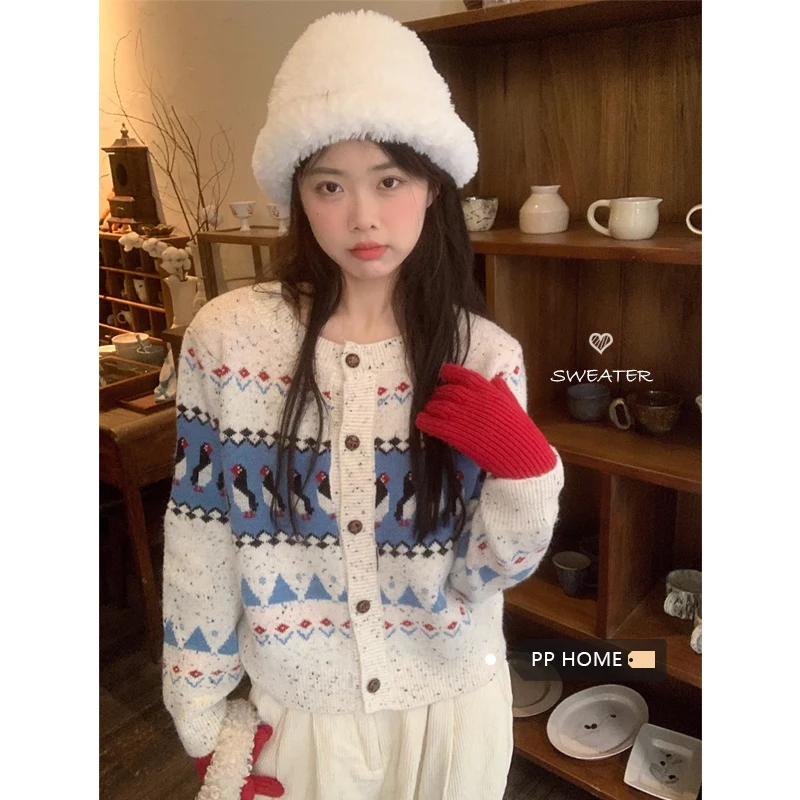 

Винтажный жаккардовый Женский вязаный свитер на пуговицах, модный офисный Женский Стильный теплый свитер, кардиган, милая трикотажная одежда в стиле ретро для девочек