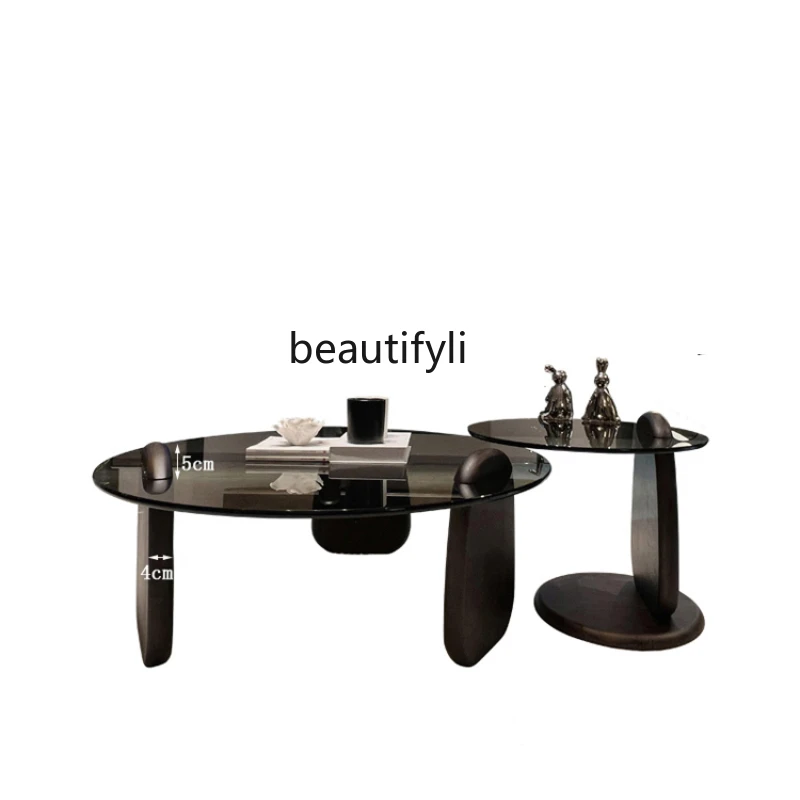 

Modern Light Luxury round Tea Table Living Room Home Small Apartment Designer Solid Wood Tempered Glass Size Combination