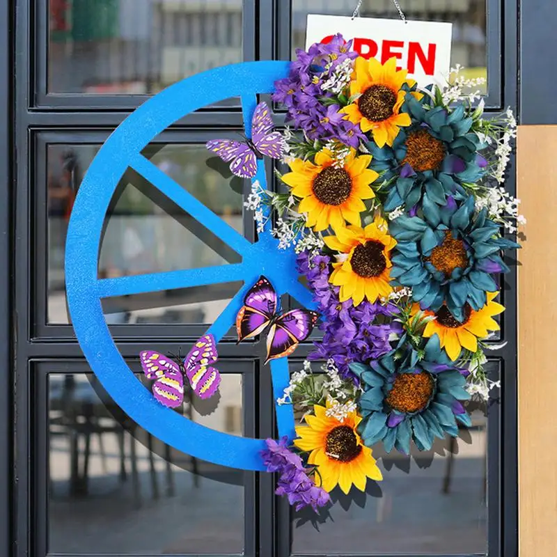 

Wreaths Decorative Sunflower Wheel Wreath Wreath Artificial Sunflower Ornament Wood Style Wreath With Blue Wheel Home Decoration