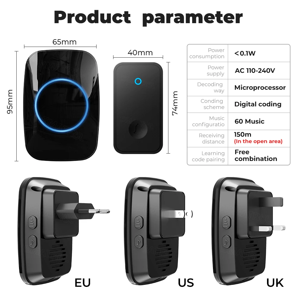 Self Powered Waterproof Wireless DoorBell Door Bell Chime Ring No Battery Electric EU UK US Plug Smart Home 1 2 Button Receiver images - 6